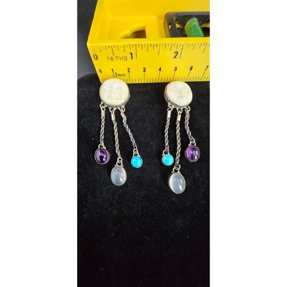 Carved Moon Face Sajen Dangle 925 Earrings Amethyst Turquoise & Moonstone - Picture 11 of 15